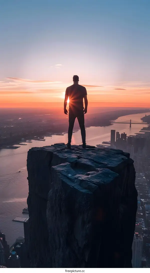 Man Standing On A Cliff Overlooking A City At Sunset