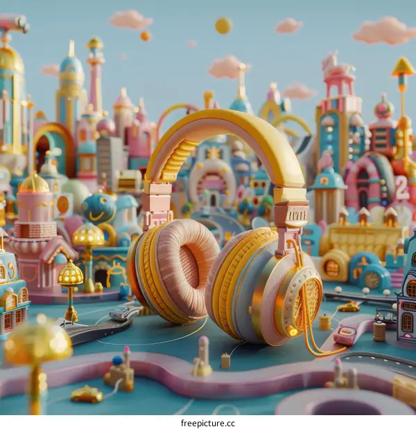 Charming 3D city with vibrant pastel-colored buildings and headphones in the foreground