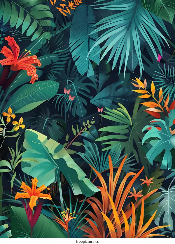 Tropical Rainforest Pattern with Lush Foliage and Colorful Flowers