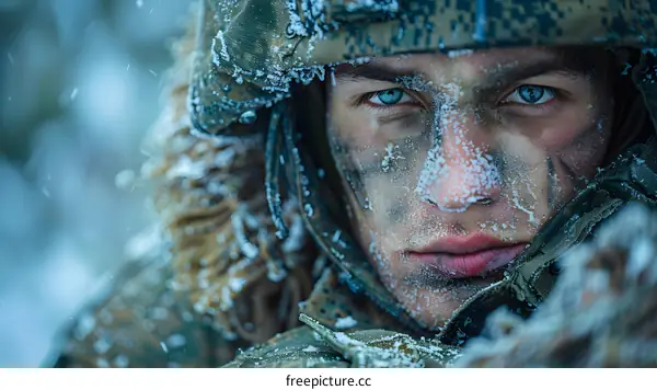 Portrait of a soldier in the winter forest