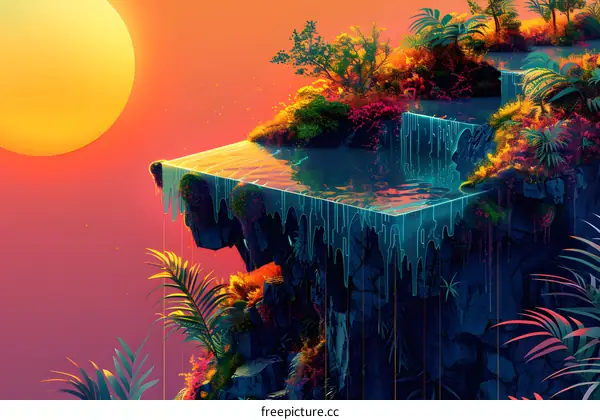 Surreal Landscape with Dripping Water and Tropical Plants
