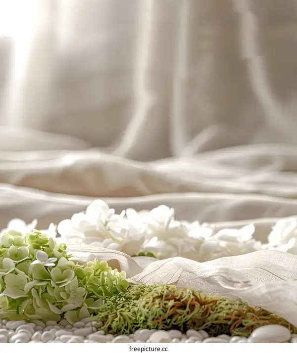White Fabric Background With Flowers and Moss