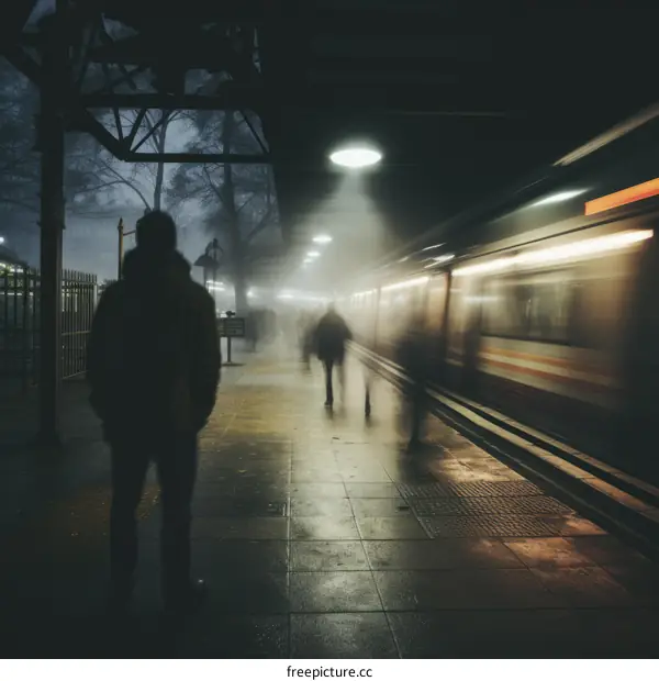 Silhouette of a man standing on a subway platform with a train in the background