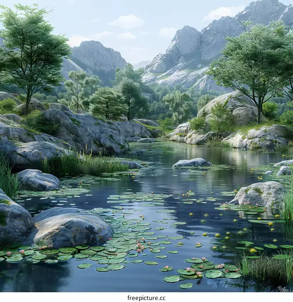 Serene Mountain Lake with Water Lilies in Bloom