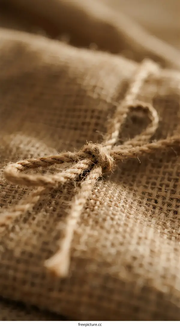 Close-up of tied burlap sack with natural texture