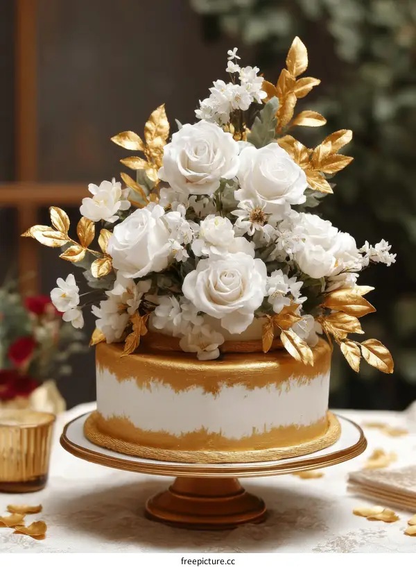 Elegant Gold Accented Wedding Cake Decorated with Flowers