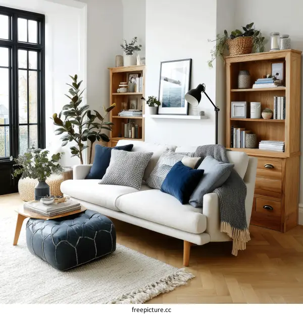 Cozy Modern Living Room with Wooden Bookcases and Throw Pillows