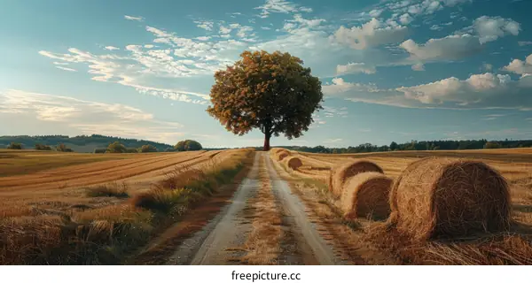 Picturesque Country Road with Hay Bales and Majestic Tree