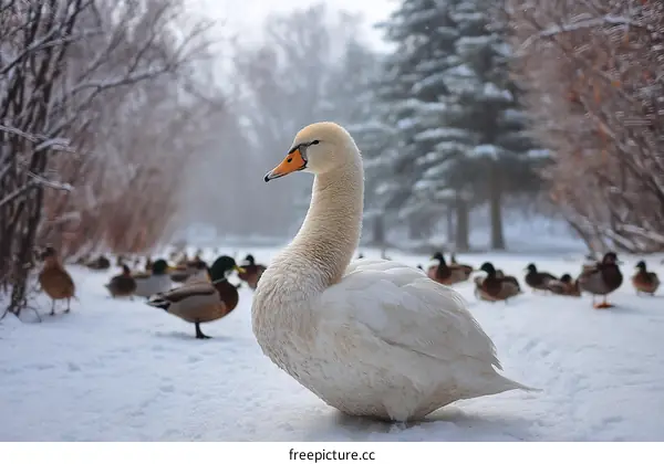 Winter Wonderland Swan in Snowy Park