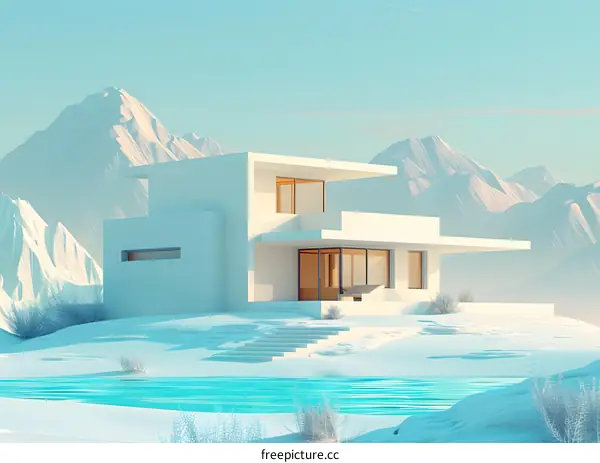 Minimalist White House in a Mountain Landscape