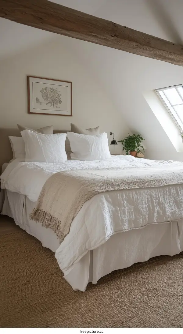 A Cozy Bedroom with Rustic Beams and Natural Light
