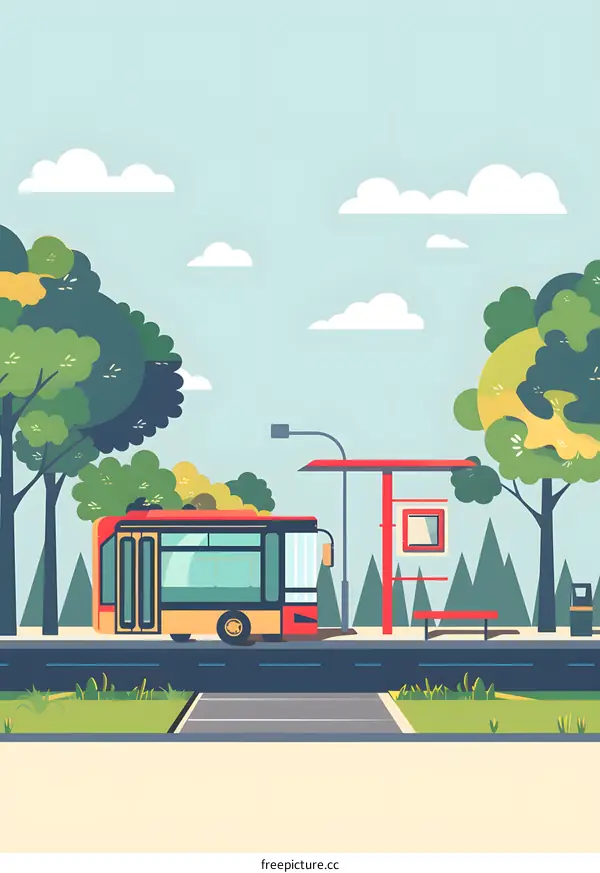 Bus Stop Illustration with Green Trees and Blue Sky