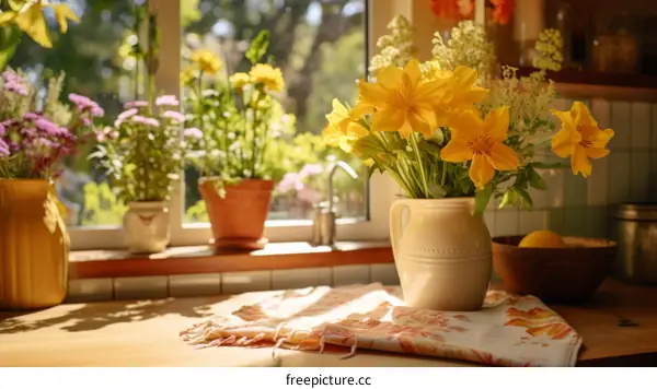 Yellow flowers in a vase on a kitchen counter