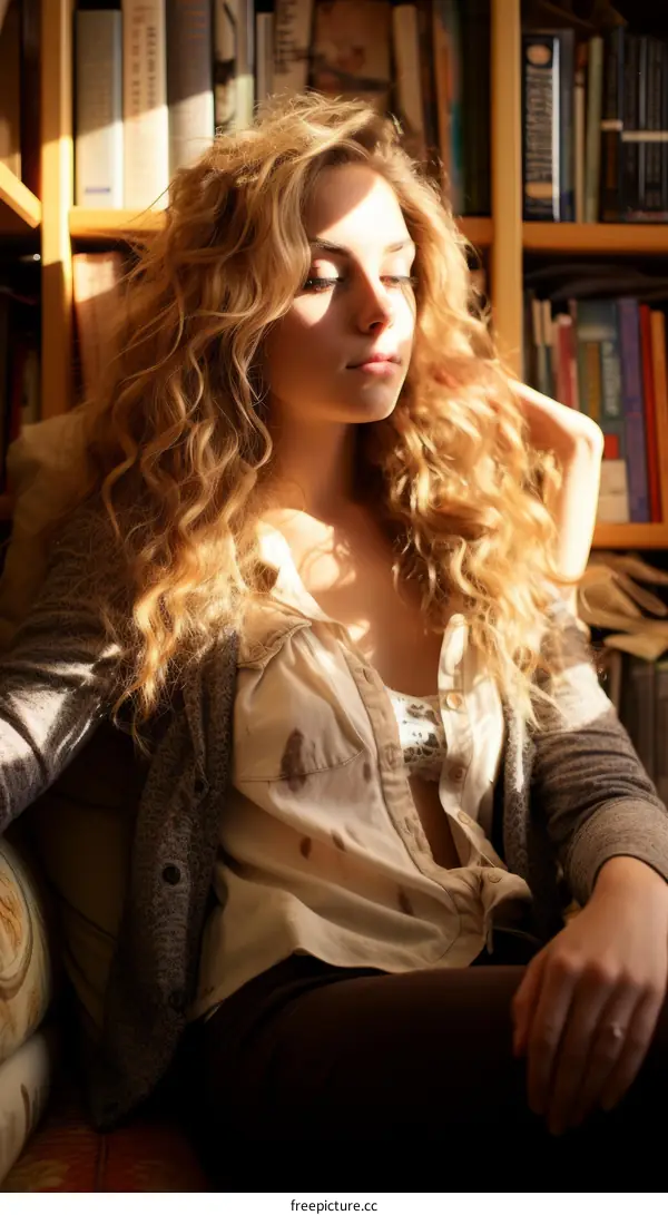 Portrait of a young woman with long curly hair sitting in a library