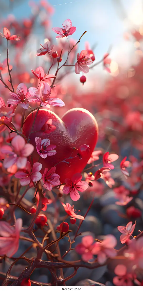 A red heart-shaped stone sits among pink cherry blossoms.