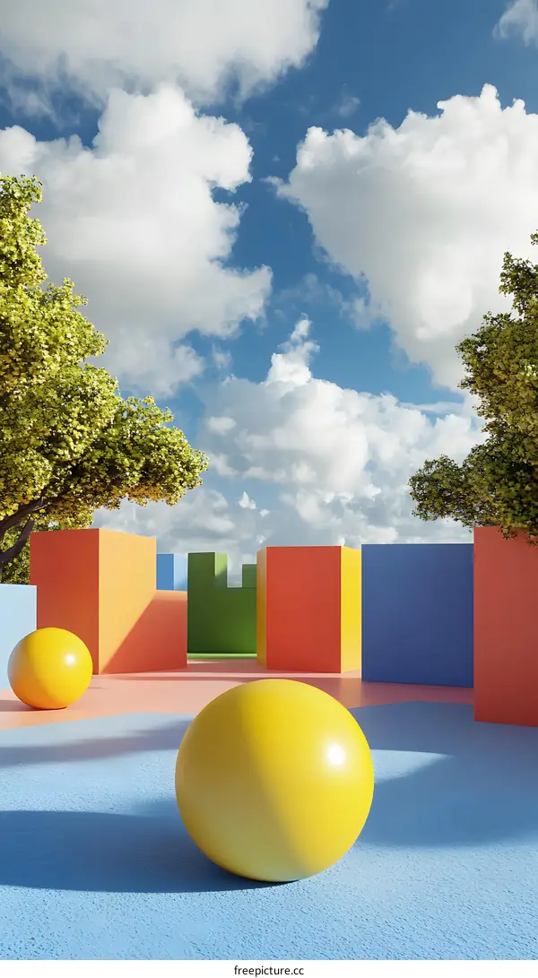 Abstract Minimalist Design with Colorful Blocks and Yellow Spheres under a Blue Sky