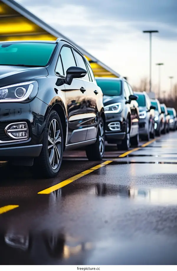 A row of cars parked in a parking lot