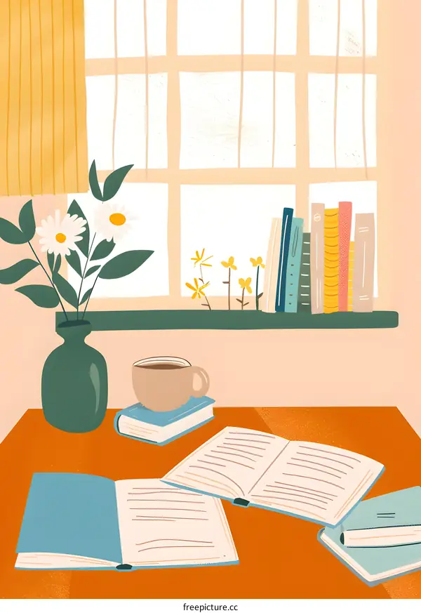 Cozy Reading Nook Illustration with Books and Coffee