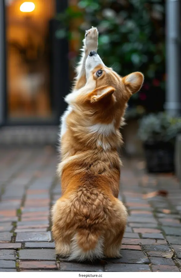 A cute corgi is sitting on the ground with its front paws in the air
