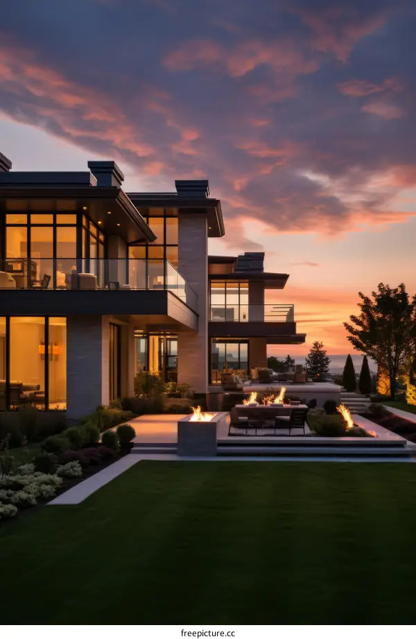 Modern Home with Sunset Sky and Fire Pit