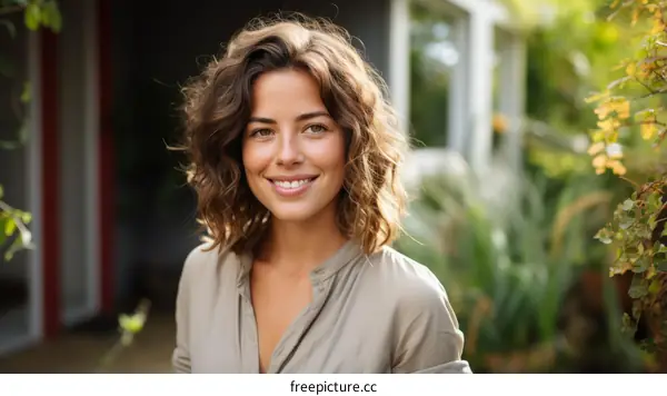 portrait of a smiling young woman with short brown hair wearing a tan shirt standing outside