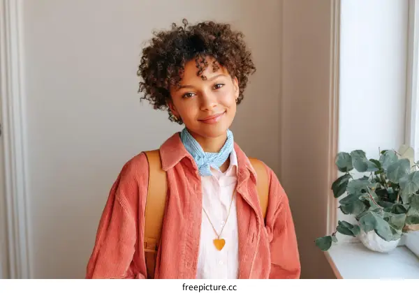 Young Woman Wearing a Stylish Coral Jacket