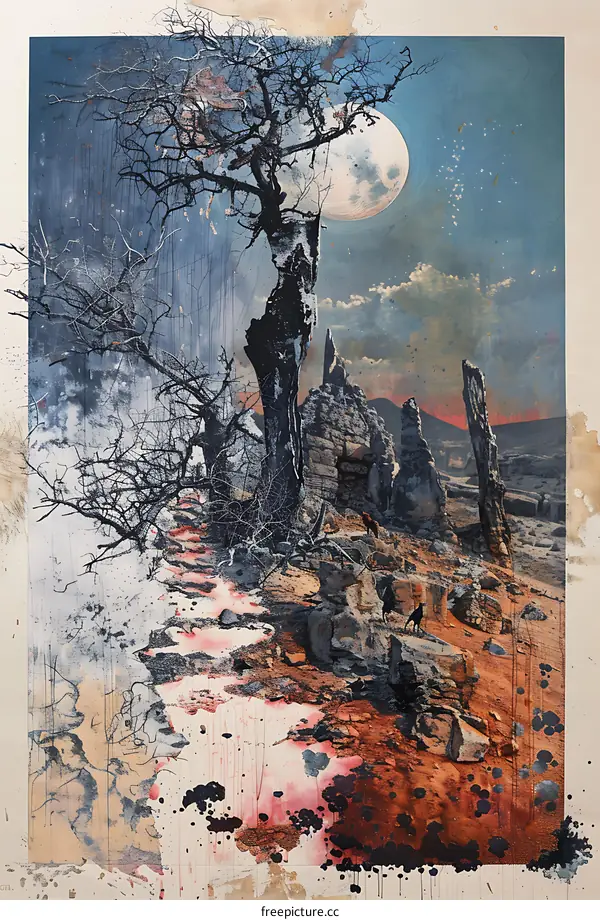 Abstract Landscape With Full Moon and Dead Trees