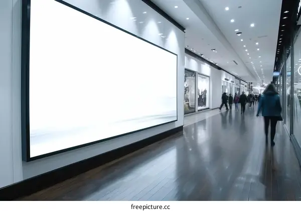 People walking in a shopping mall past a blank advertising billboard