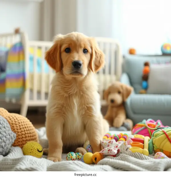 A Golden Retriever puppy sits on a blanket surrounded by toys