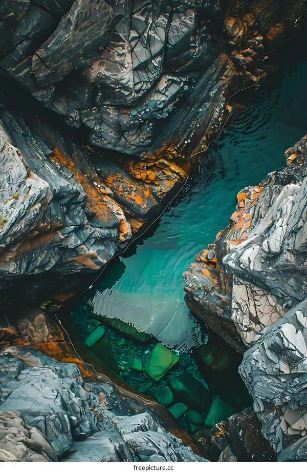 Aerial View of a Small Pool of Water in a Rocky Ravine