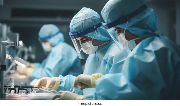 Scientists wearing PPE suits work in a laboratory