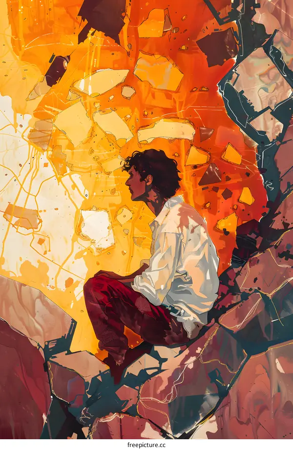 Man Sitting on Broken Rock Formation with Yellow and Orange Background