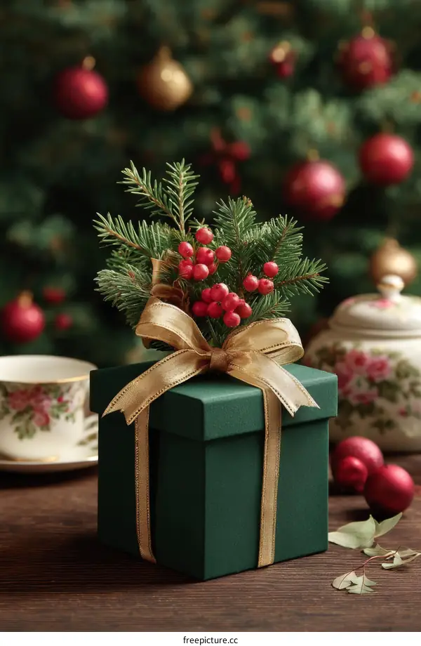 Christmas Gift Box Decorated with Fir Branches