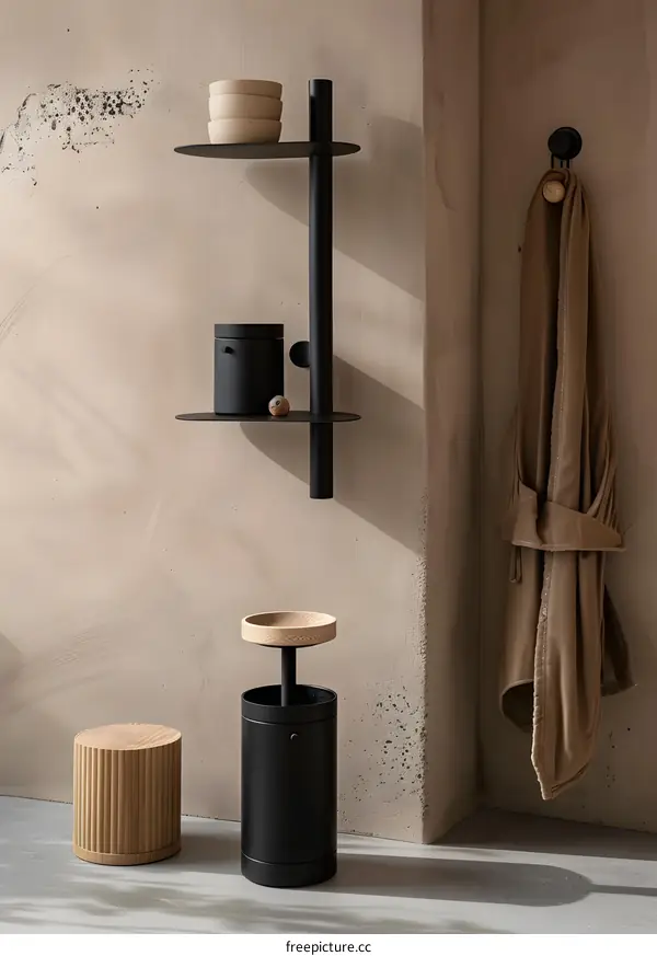 Modern Bathroom Interior Design with Black and Wood Shelves and Storage