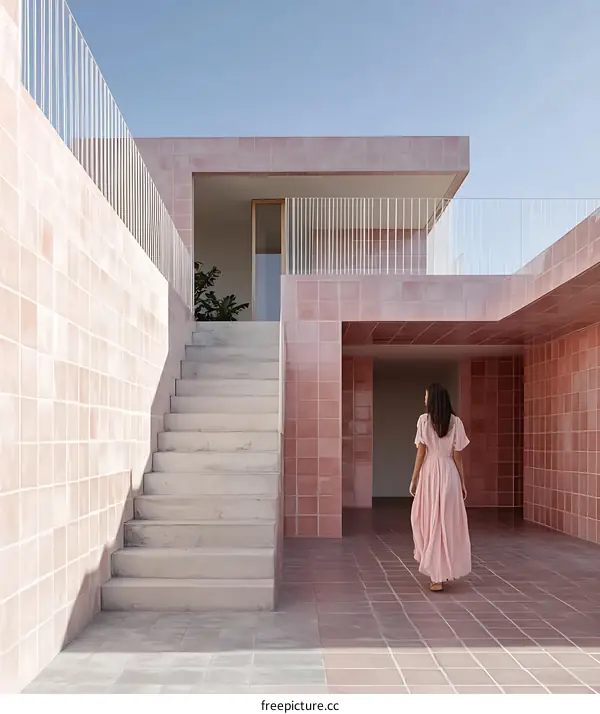 Woman in Pink Dress Walking Up Concrete Stairs to Modern Pink Building