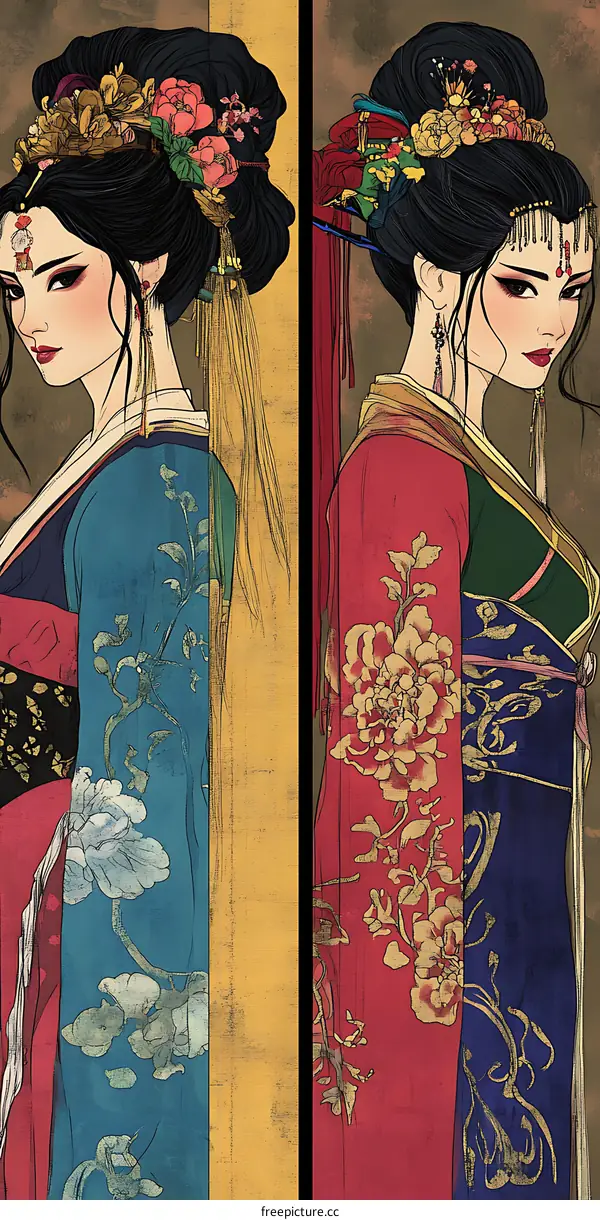 Two Asian Women Wearing Traditional Chinese Clothing and Ornate Hair Accessories