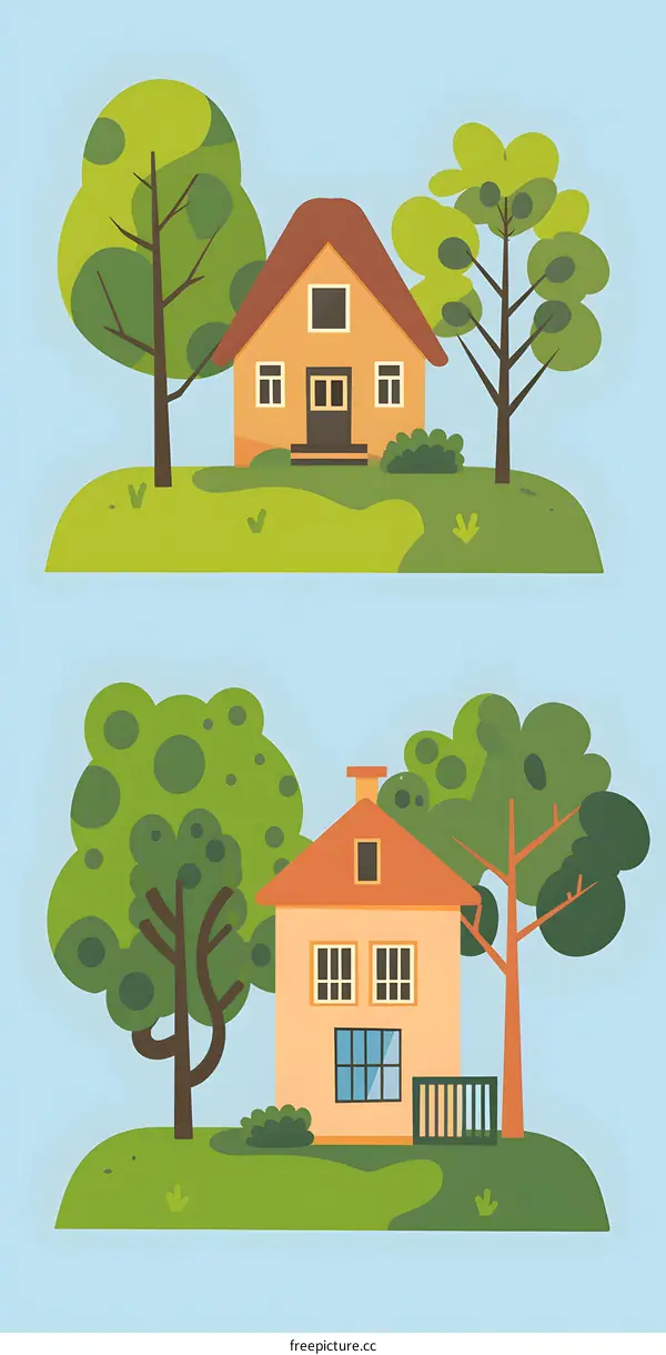 Two Cartoon Houses with Green Trees