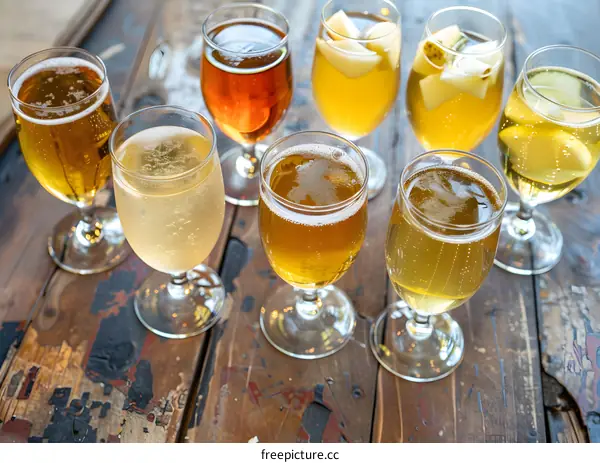 Variety of Refreshing Beverages in Glassware on Wooden Table