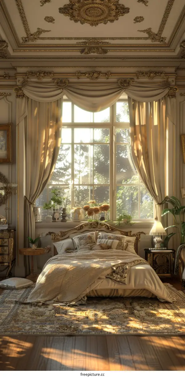 Vintage Elegant Bedroom with Sunlight Streaming Through the Windows