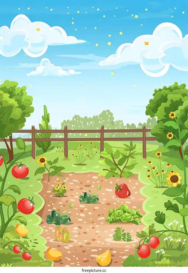 Cartoon Garden Illustration With Vegetables And Flowers