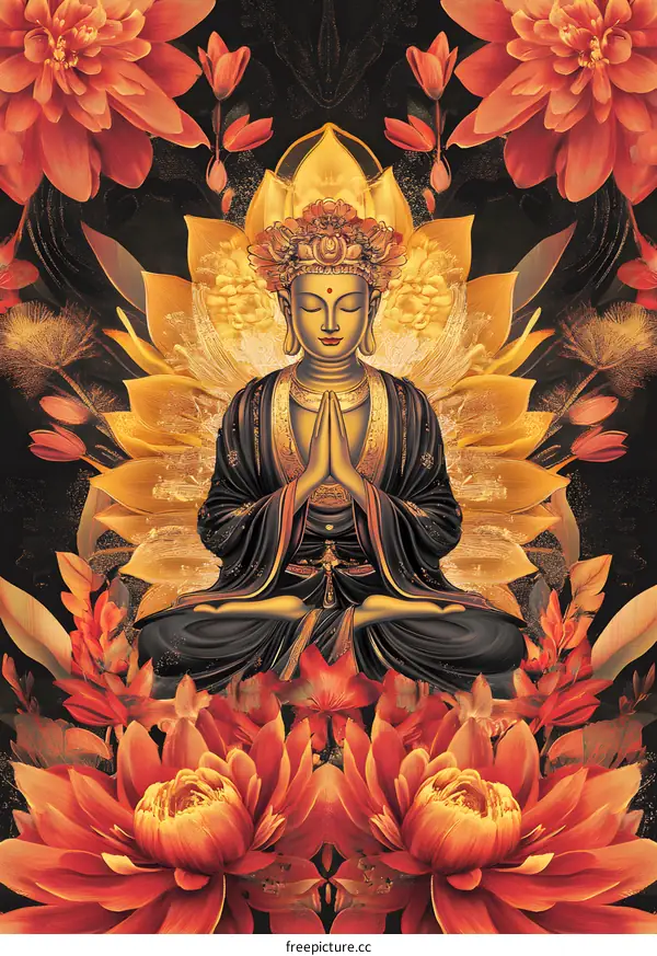Golden Buddha Sitting In Lotus Flower