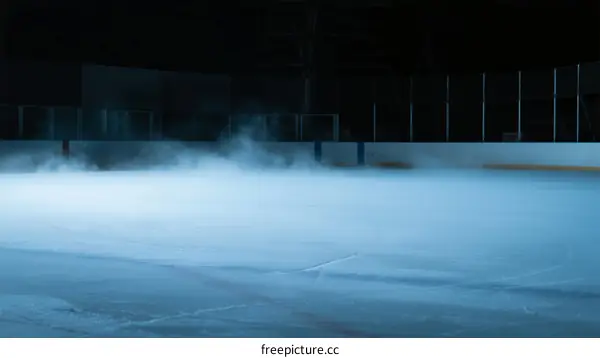Indoor ice rink with cold mist rising from the ice surface