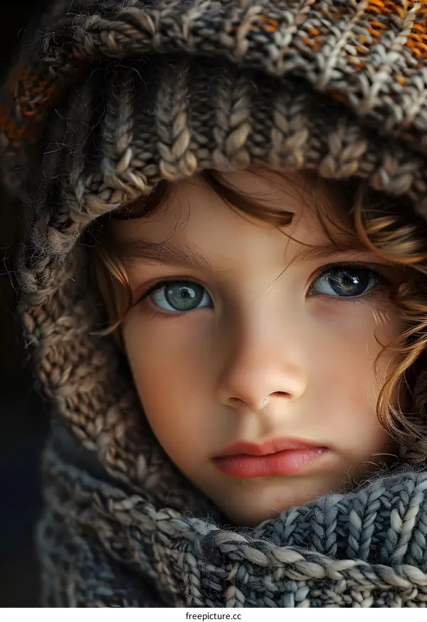 Little Girl With Blue Eyes Wearing Knitted Hat and Scarf