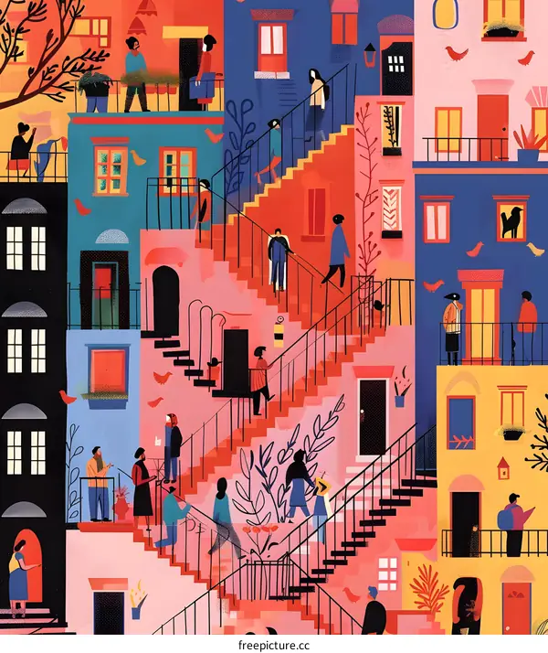 Colorful Illustration Of Stairs And Buildings