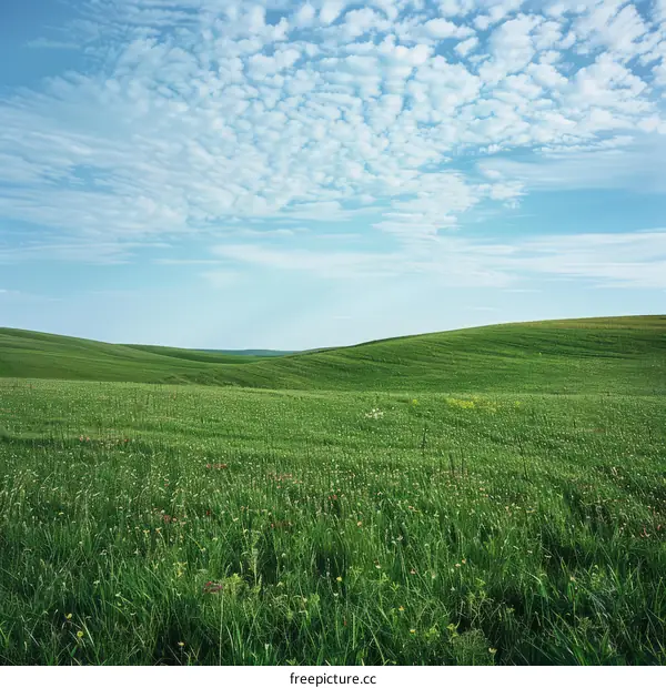 Vast green rolling hills under a blue sky with white clouds