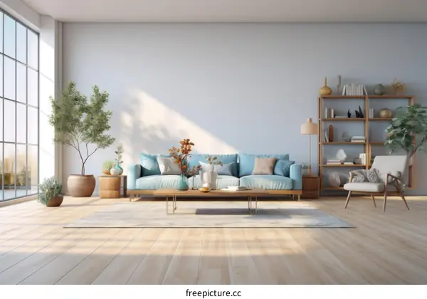 Airy and bright living room with large windows and a blue sofa