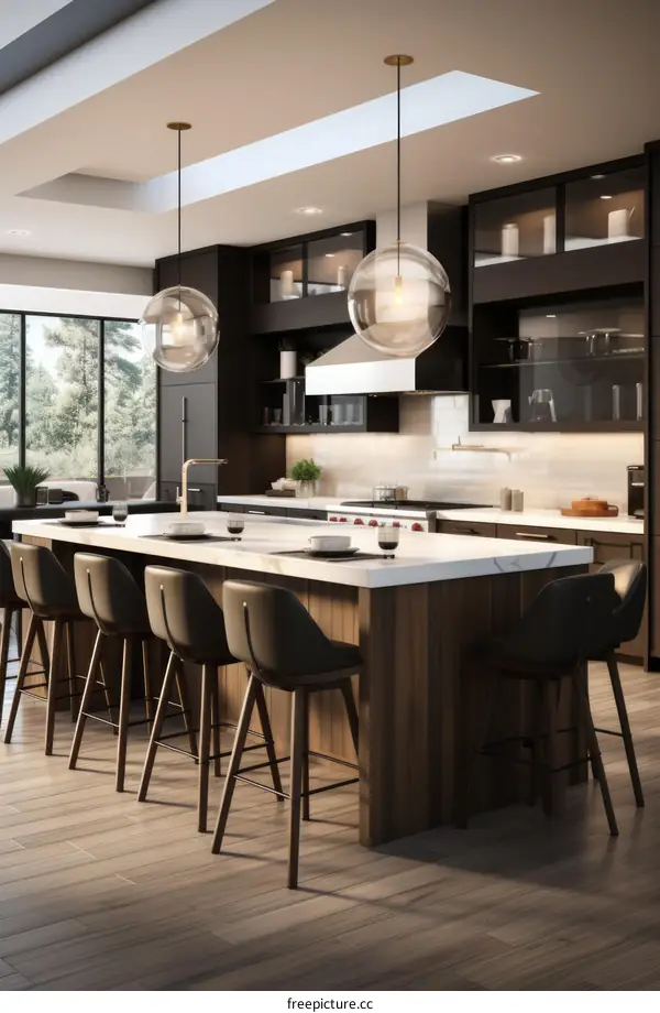 kitchen island with black marble and wood base