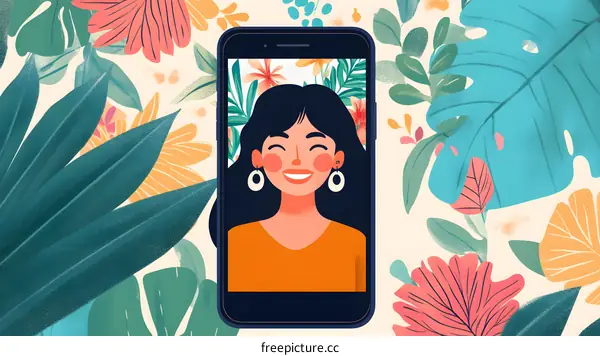 Smiling Woman on Phone with Tropical Leaves Background Illustration