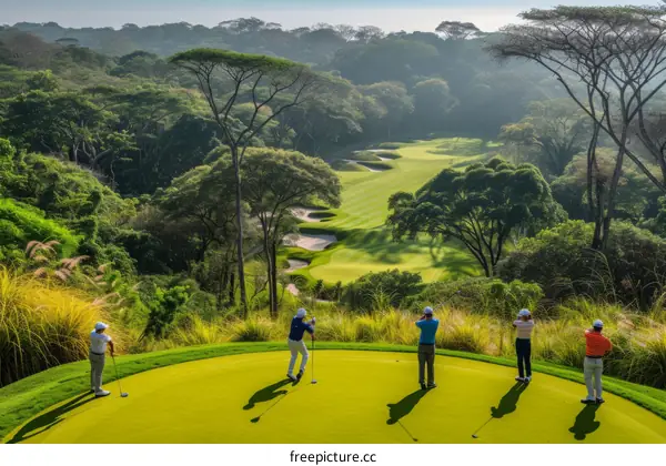 Five Golfers Teeing Off at a Golf Course with a Jungle in the Background