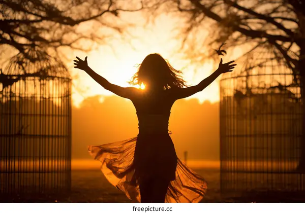 carefree woman in a long dress twirling at sunset